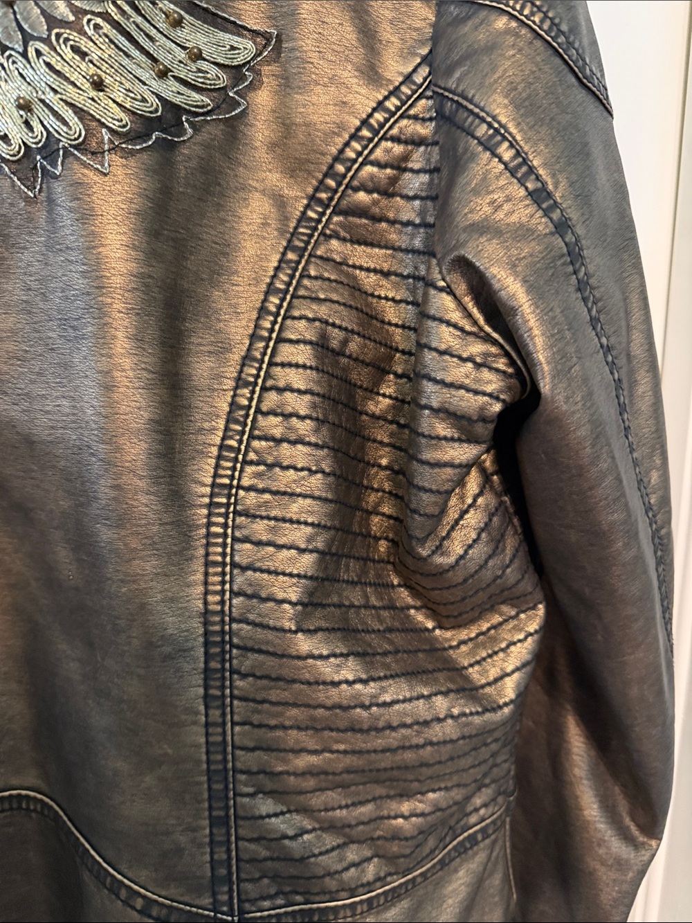 Sheryl Crow Metallic Bronze Vegan Leather Jacket with Thunderbird - Picture 7 of 8